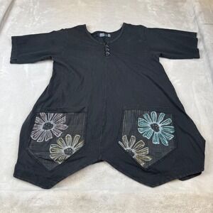 Blue Fish Organic Cotton Floral Pocket Henley Top Black Artsy Boho Size 0